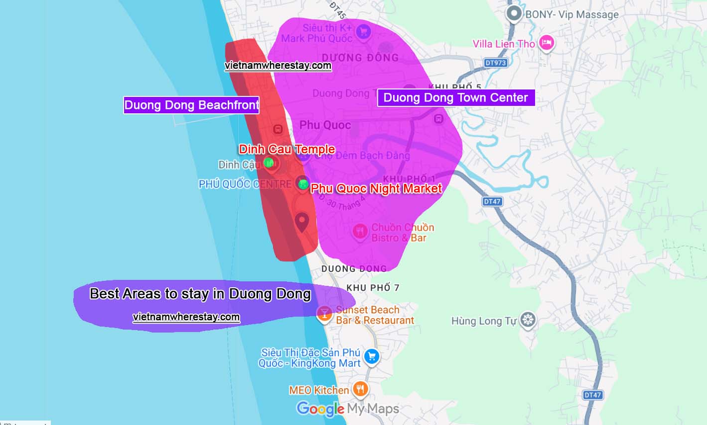 Best areas to stay in Duong Dong Phu Quoc main town on map