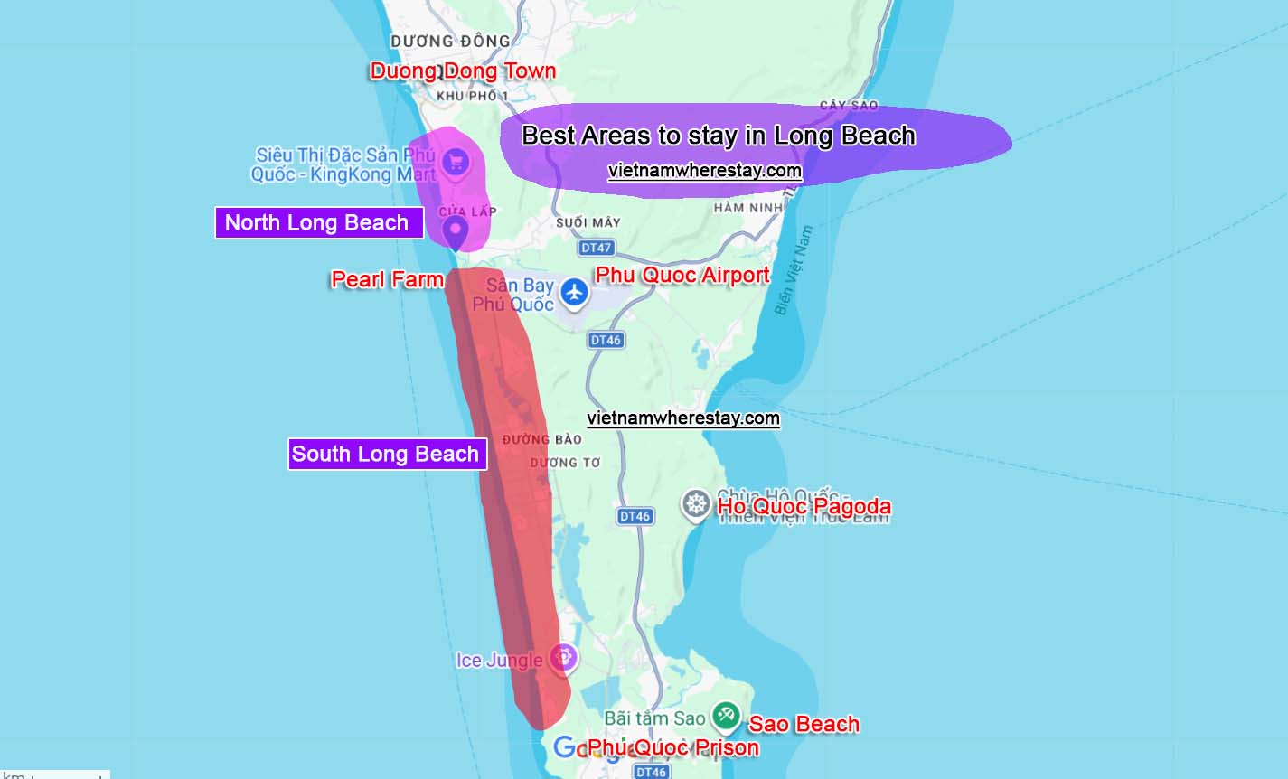 Best areas to stay in Long Beach Phu Quoc on map