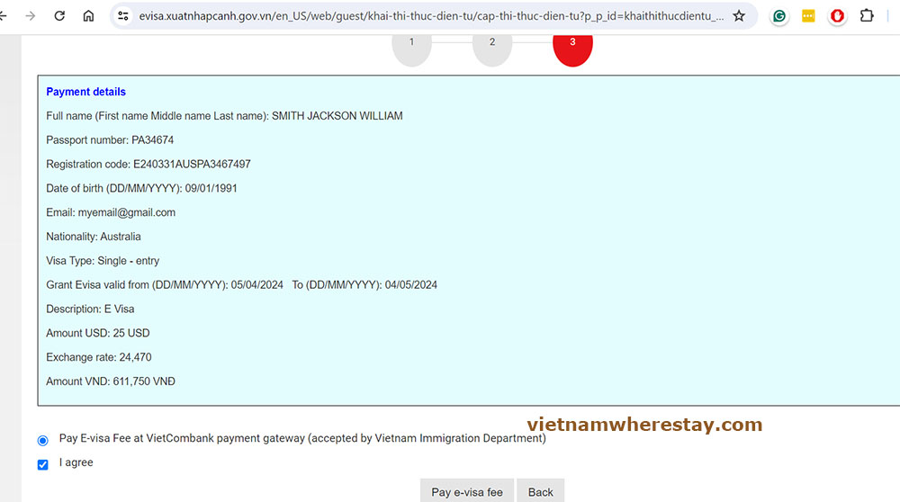 Process payment Vietnam E Visa