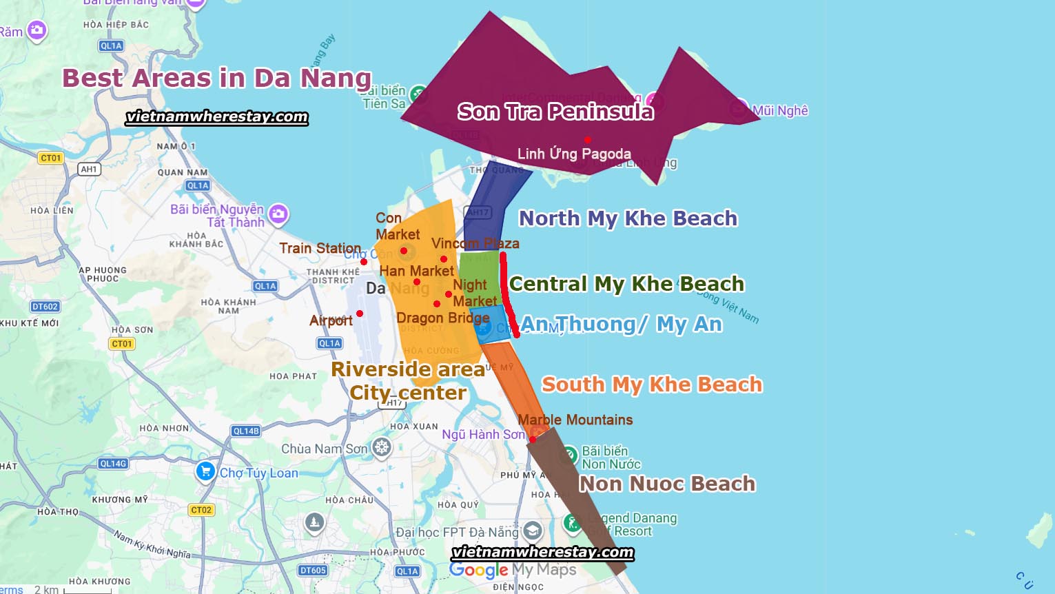 Major Tourist areas in Danang on map