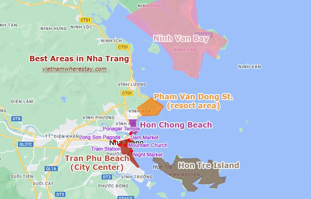 Major tourist areas in Nha Trang on map