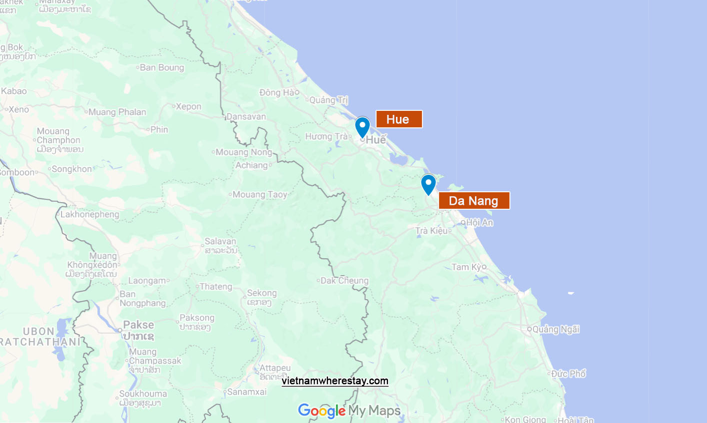 Da Nang and Hue Location on map