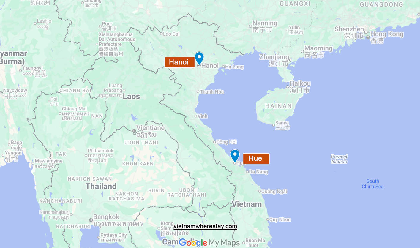 Hanoi and Hue location on map