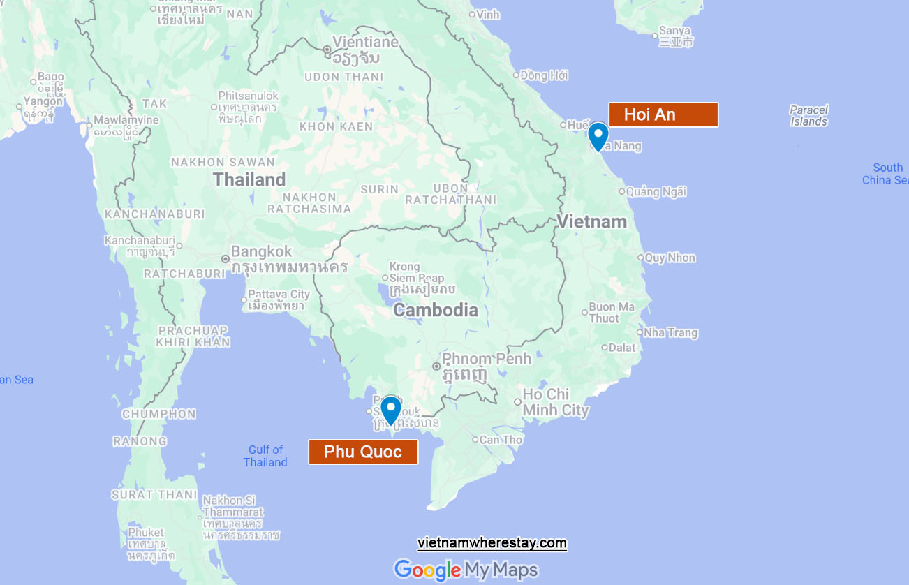 Hoi An and Phu Quoc on map