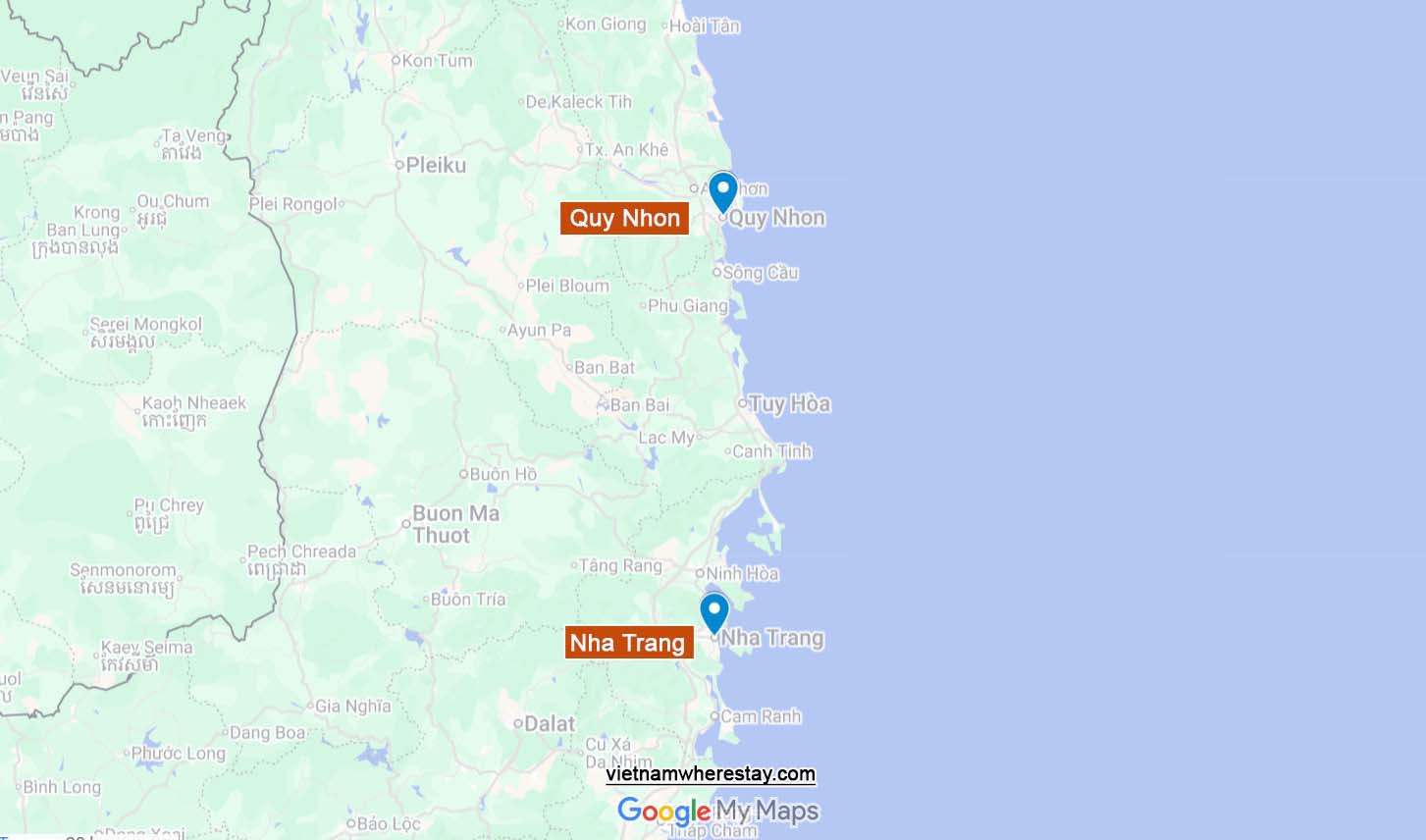 Nha Trang and Quy Nhon on map