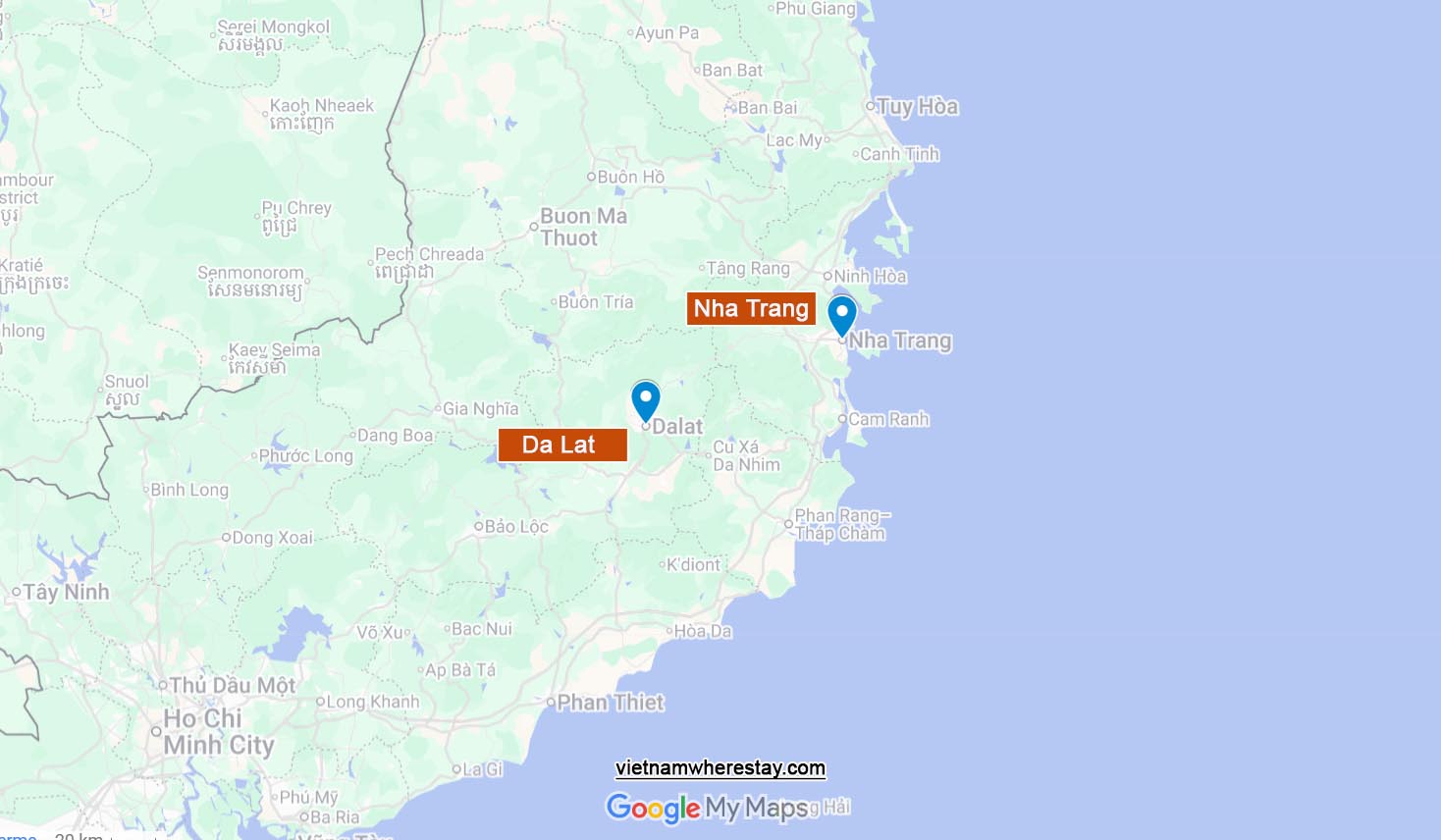 Da Lat and Nha Trang on map