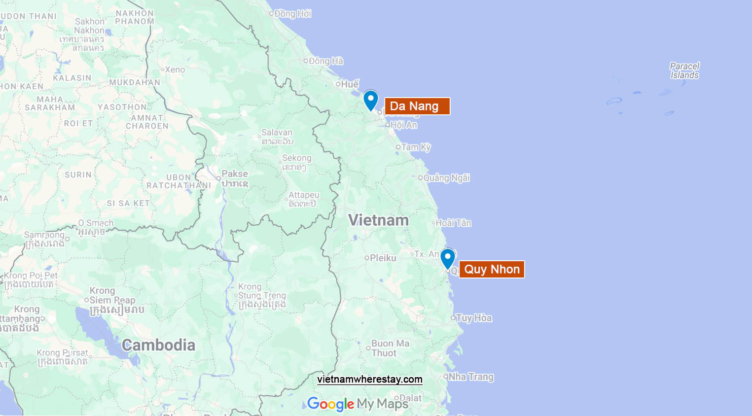 Quy Nhon vs Da Nang on map