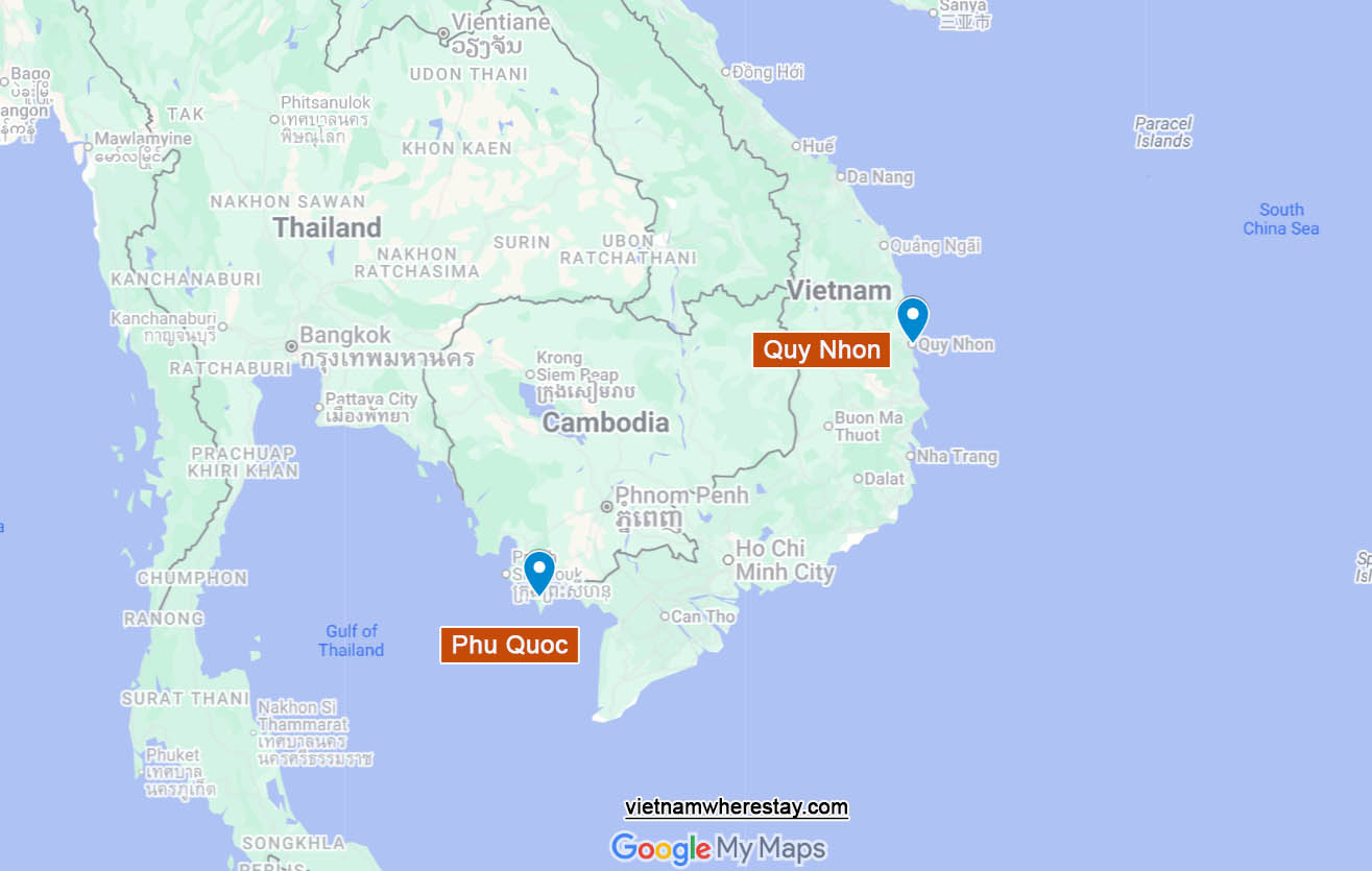 Quy Nhon and Phu Quoc on map