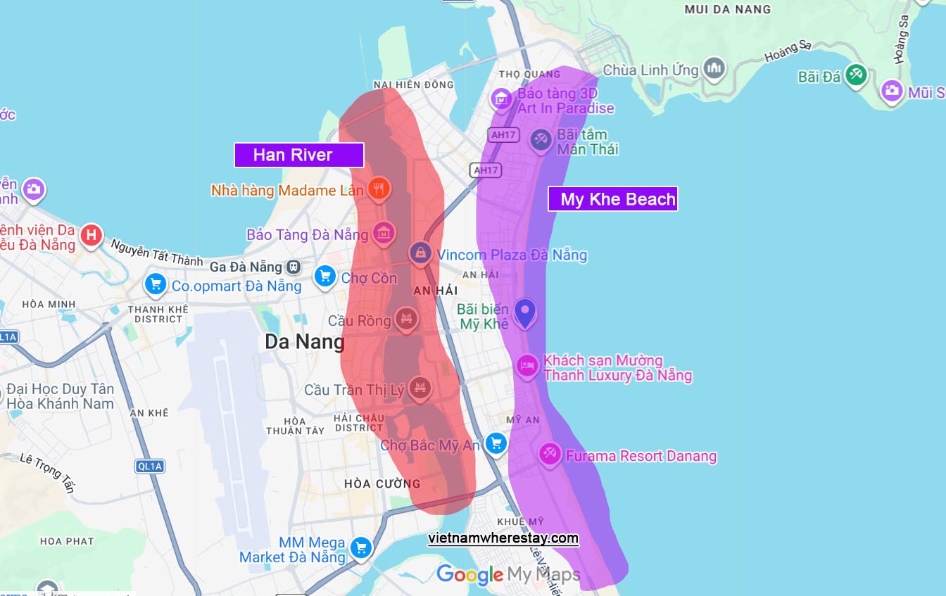 Han River and My Khe Beach location on mao Da Nang