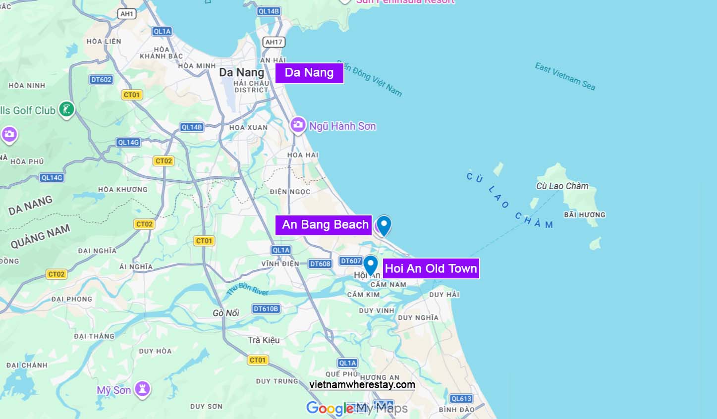 Hoi An Old Town and An Bang Beach location map