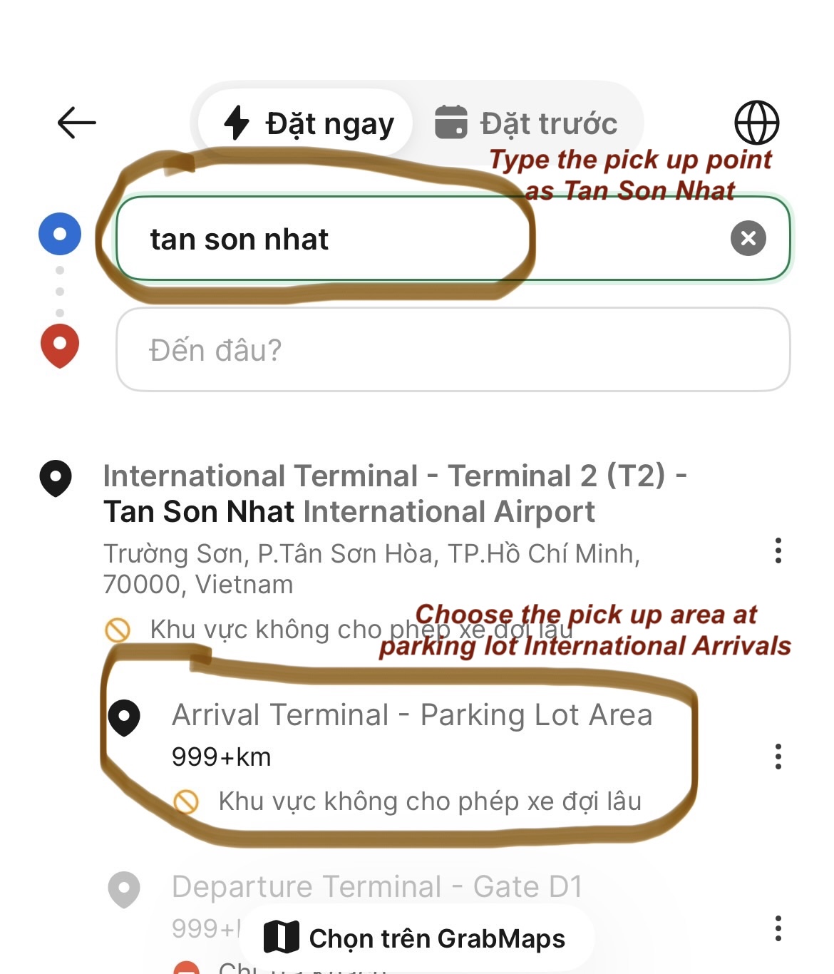 How to choose grab pick up point at international HCM airport on GreenSM app