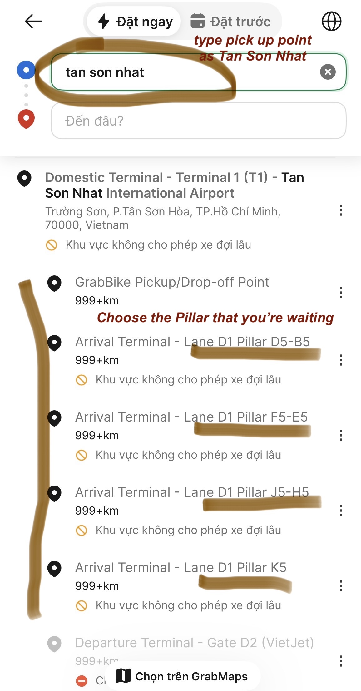 How to choose grab pick up point at domestic HCM airport on GreenSM app