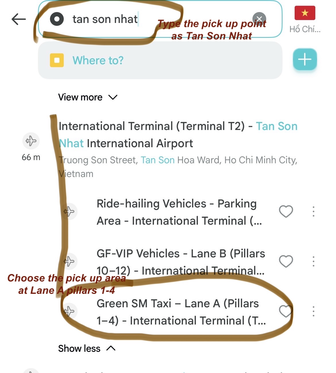 How to choose the pick up point on GreenSM app at HCMC airport International arrivals