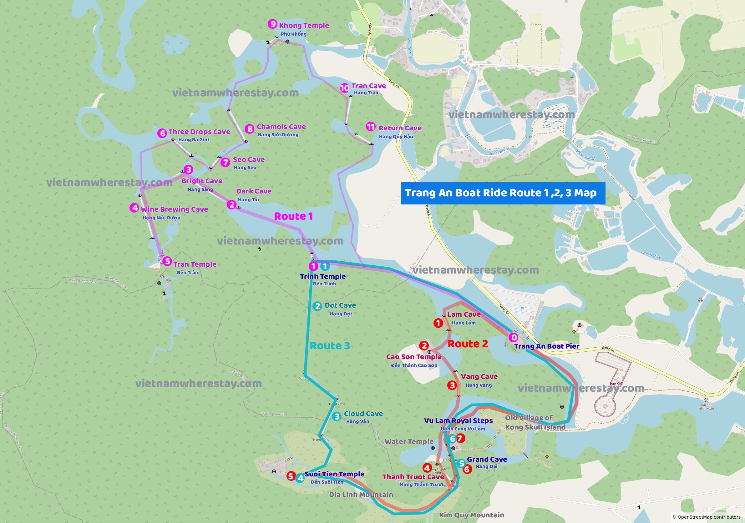 Trang An Boat Tour Route 1, 2, 2 on Map Ninh Binh